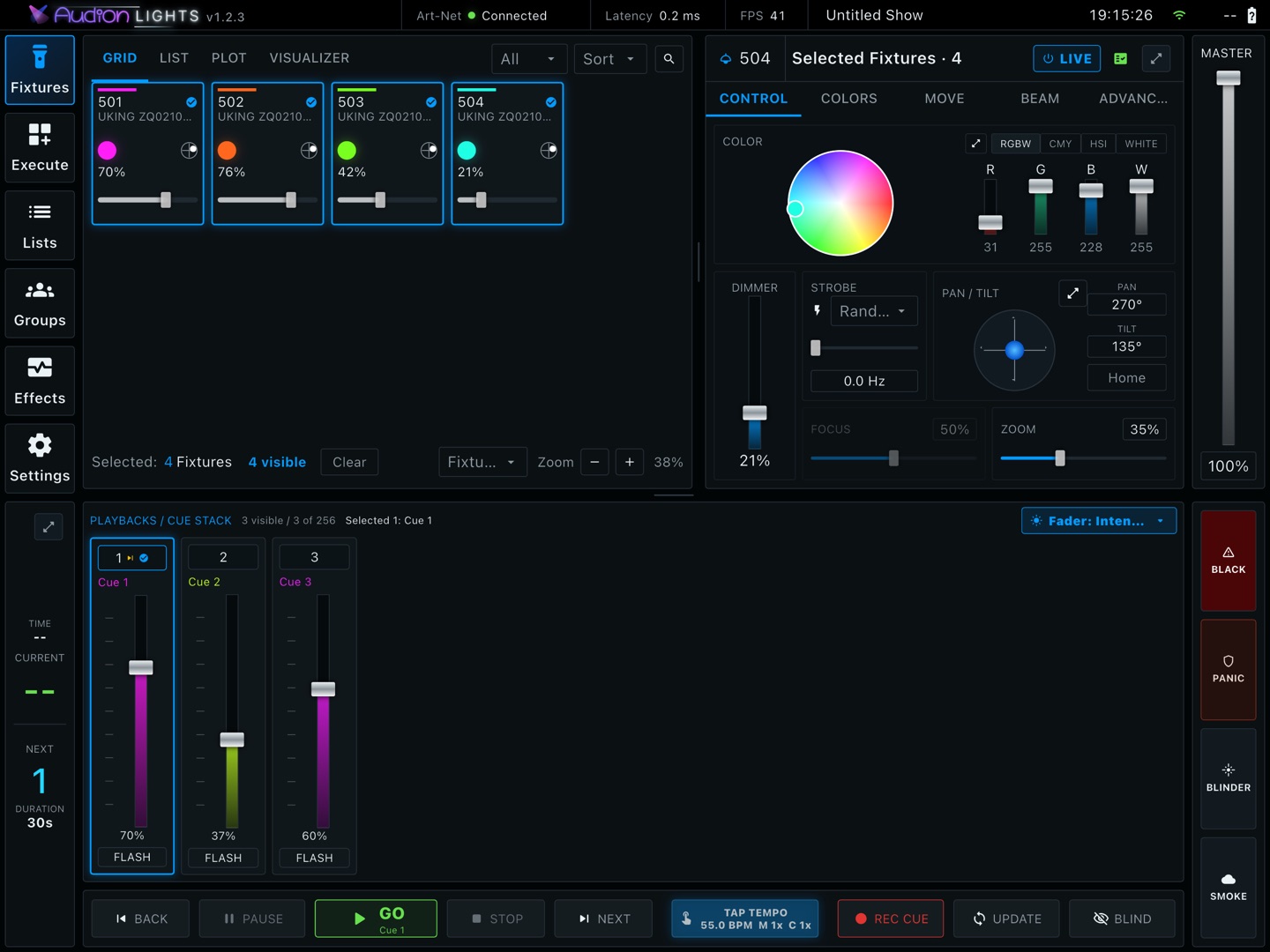 Audion Lights fixture grid and playback faders