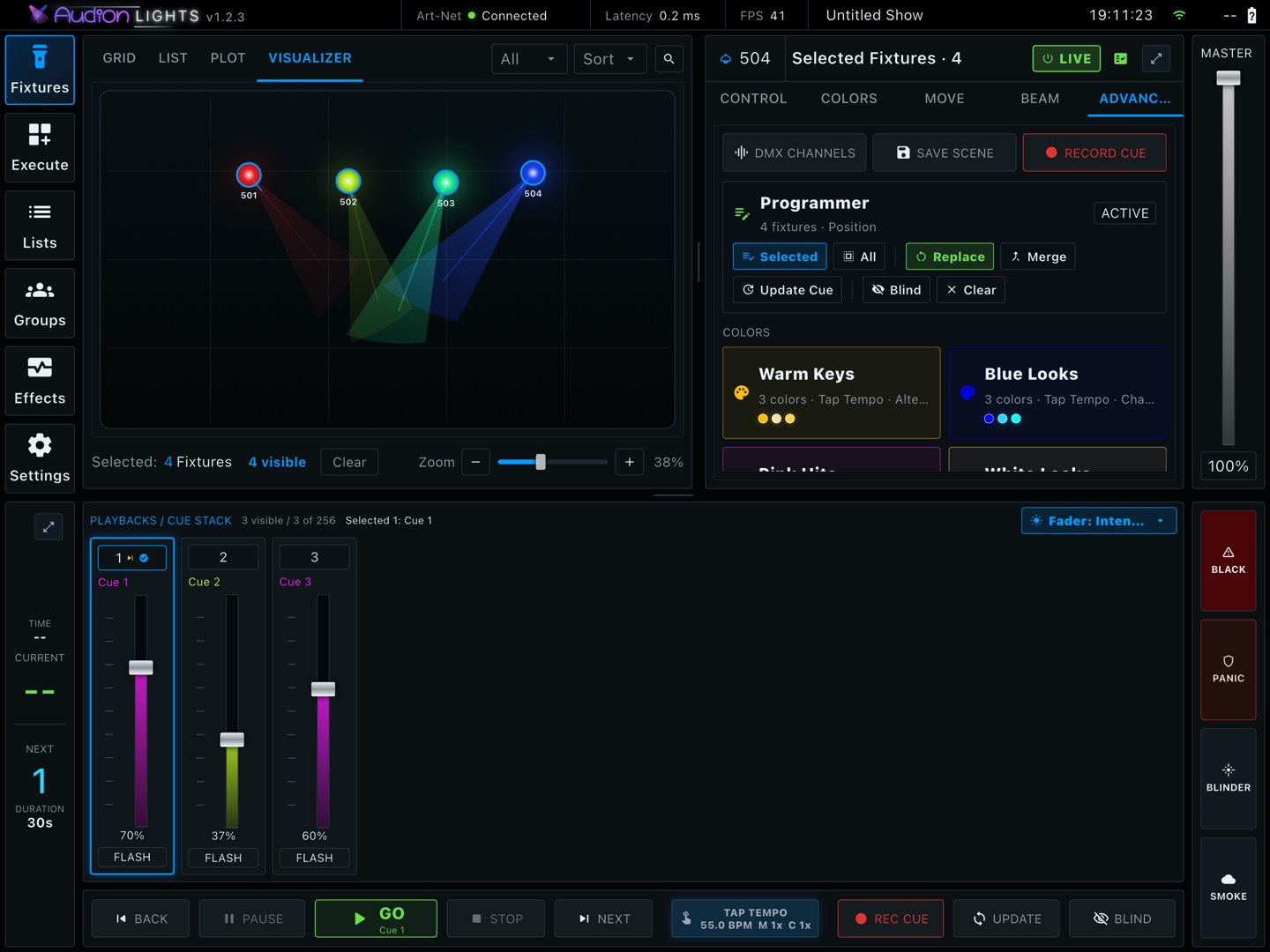 Audion Lights visualizer with fixture beams and programmer controls