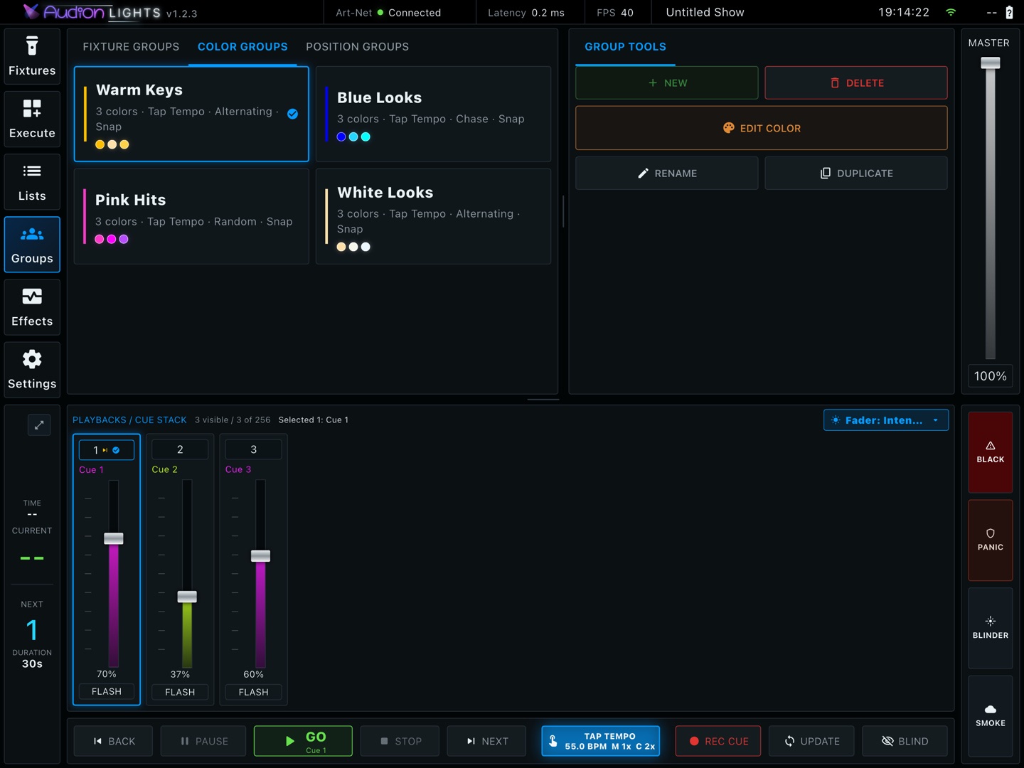 Audion Lights color groups and playback stack