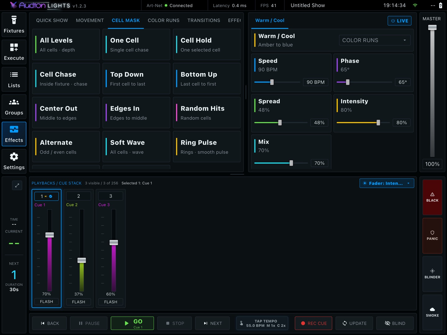 Audion Lights cell mask effects and playback controls