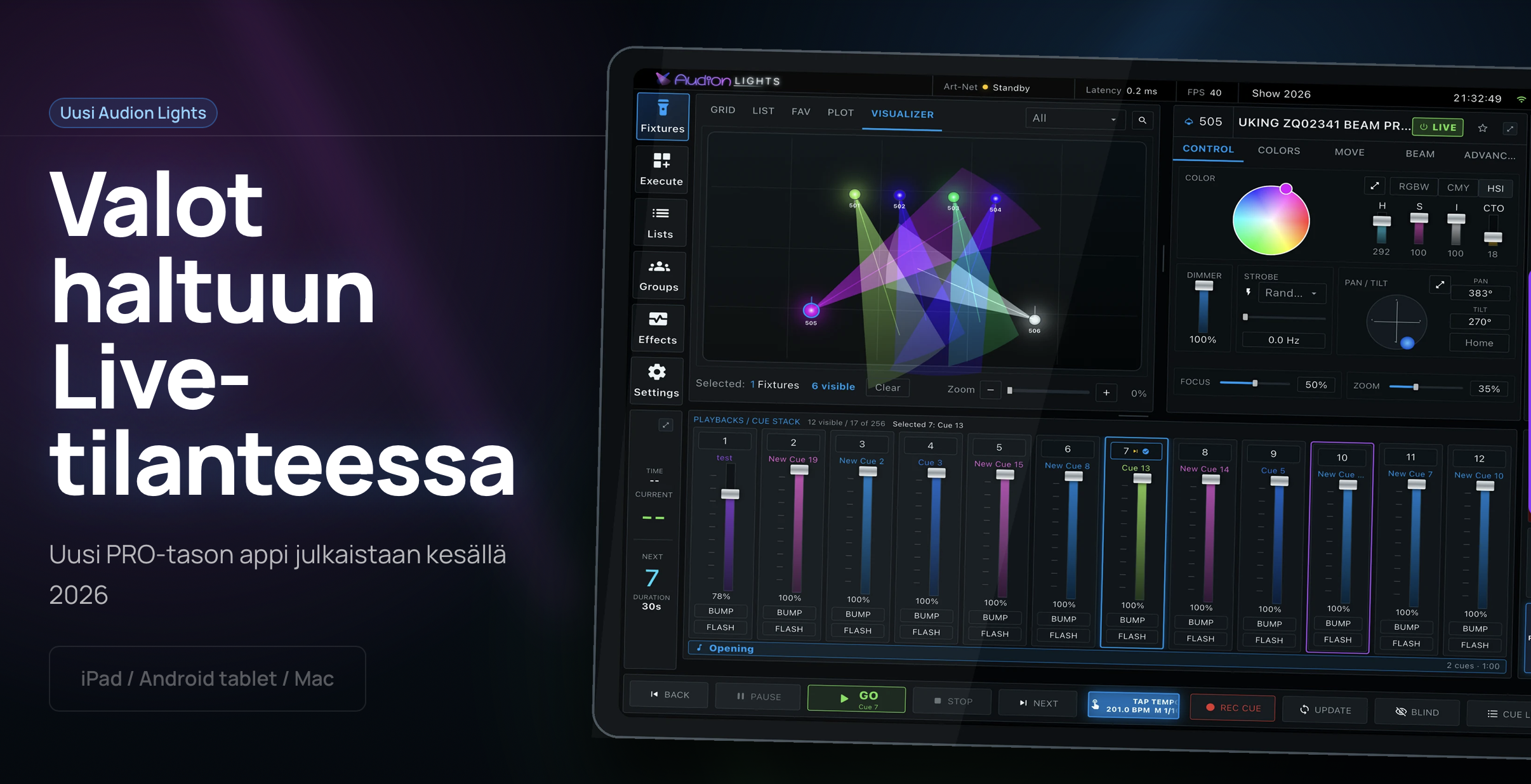 Audion Lights interface with visualizer, faders and show controls